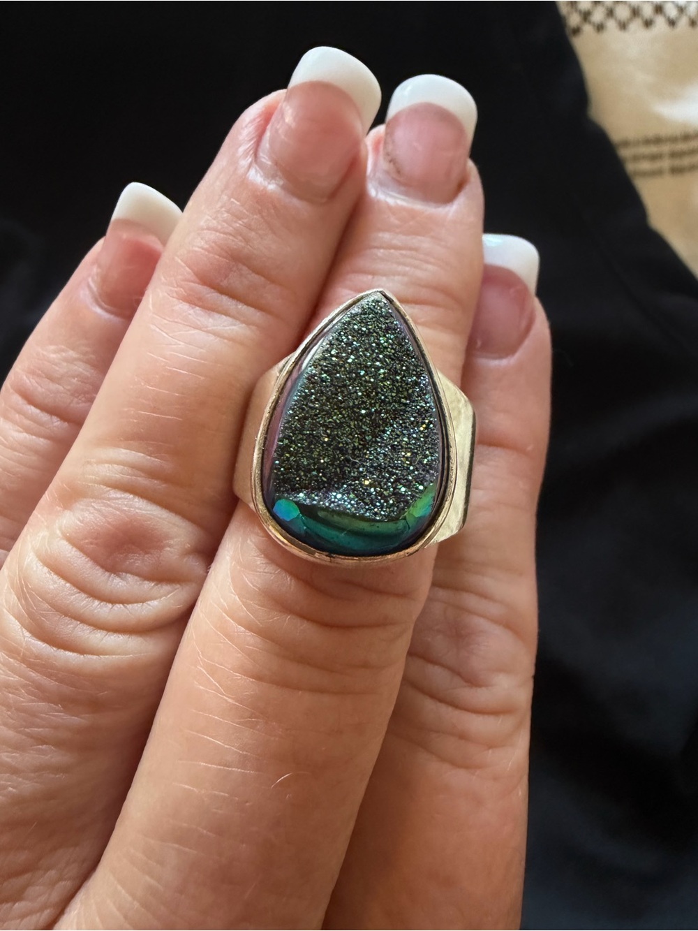 Sterling Silver Teardrop Druzy Ring in Iridescent Green Purple Size 10